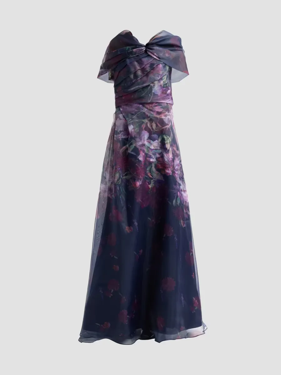 One-Shoulder Draped Printed Organza Gown by Rene Ruiz Collection