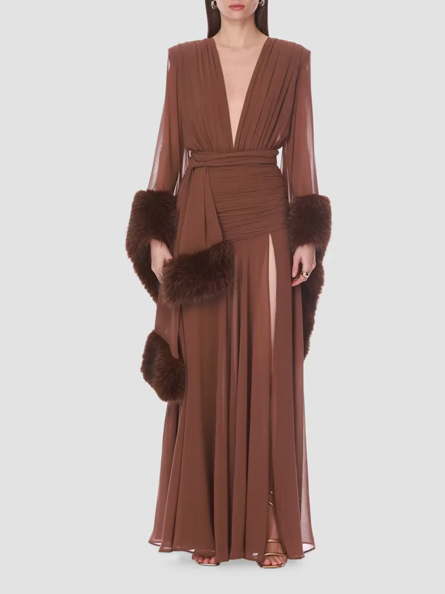 Silk & Faux-Fur Self-Belt Gown by Bronx Banco
