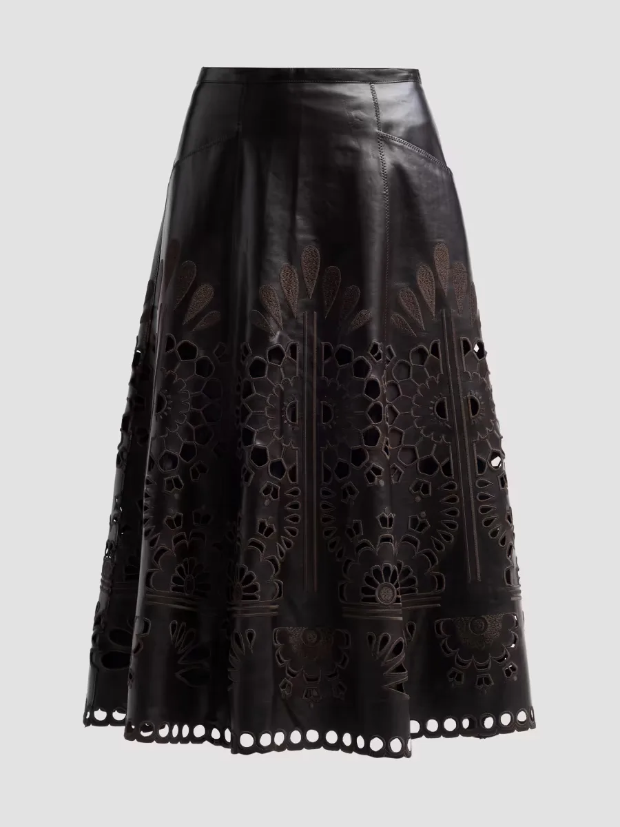 Embroidered Faux Leather Midi Skirt by Maison Common