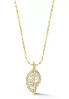 Sterling Silver Baguette Cut CZ Leaf Pendant Necklace by Sphera Milano