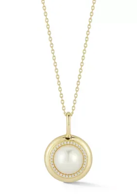 Sterling Silver Bezel Pearl and CZ Pendant Necklace
