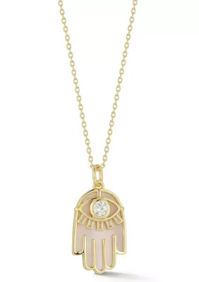 Sterling Silver Mother of Pearl and CZ Hamsa Hand Pendant Necklace by Sphera Milano