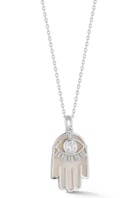 Sterling Silver Mother of Pearl and CZ Hamsa Hand Pendant Necklace
