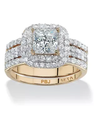 2.37 TCW Princess-Cut Cubic Zirconia 14k Gold-Plated 3-Piece Double Halo Bridal Ring Set