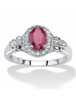 1.18 TCW Oval-Cut Genuine Ruby and White Topaz Halo Cocktail Ring in Platinum-Plated by Seta Jewelry
