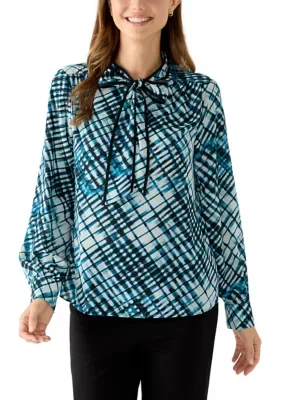 Long Sleeve Grid Print Bow Neck Blouse by Calvin Klein