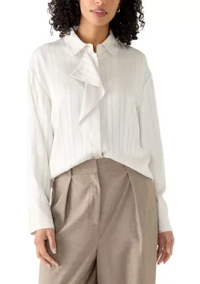 Long Sleeve Ruffle Front Satin Striped Blouse by Calvin Klein