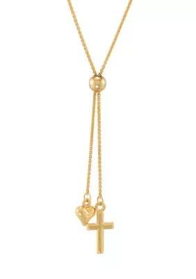 Rope Lariat Bead with Puff Heart and Cross Necklace in 10K Yellow Gold Over Sterling Silver, 20 In by Belk & Co