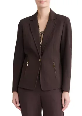 One Button Notch Collar Jacket with Zipper Pockets