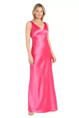 Long Satin V-Neck Dress by Morgan & Co