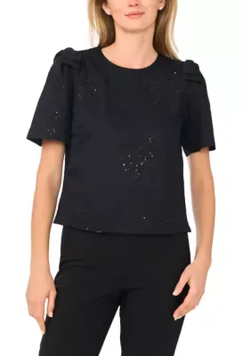 Short Sleeve Embellished Bow Shoulder Blouse by CeCe