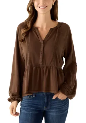 Long Sleeve Lace Trim Peplum Top by Wonderly