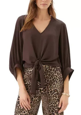 Blouson Sleeve Tie-Front Top by Karen Kane
