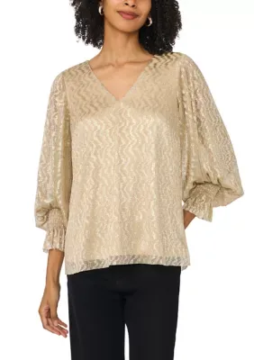 Long Sleeve V-Neck Foil Print Blouse by Vince Camuto