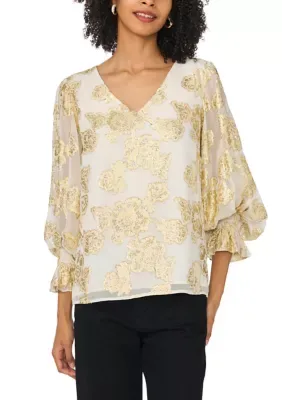 Long Sleeve V-Neck Foil Print Blouse