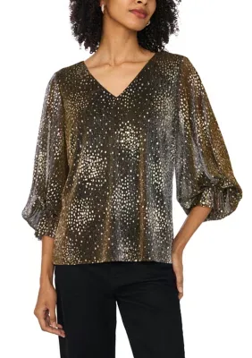Long Sleeve V-Neck Foil Print Blouse