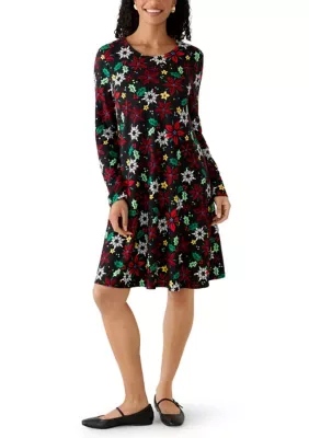 Long Sleeve Christmas Print Crew Dress by Joyland