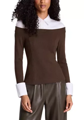 Kenneth Cole Reaction Long Sleeve Rib Knit Off the Shoulder Twofer Top by Kenneth Cole
