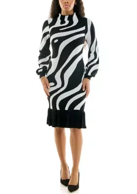 Nina Leonard Balloon Sleeve Mock Neck Jacquard Sweater Dress