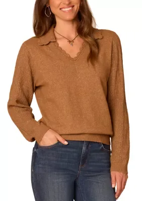 Crochet Scallop V-Neck Sweater by Democracy