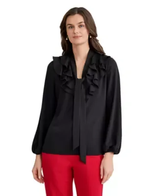 Long Sleeve Ruffled Blouse with Tie Front by Kasper