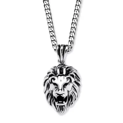 Lions Head Pendant and 24 Inch Chain in Antiqued Stainless Steel