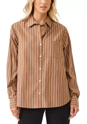 Stripe Long Sleeve Single Pocket Button-Up Shirt by Karen Kane