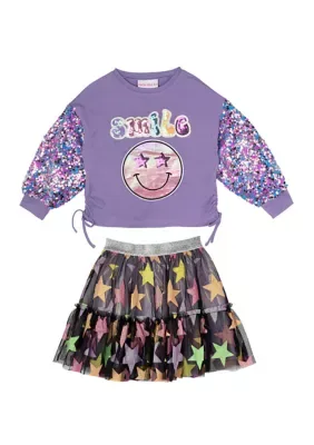 Smile Sequin Long Sleeve Top & Skirt Set by Counting Daisies