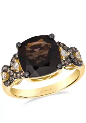 Ring Featuring 3 3/4 Cts. Chocolate Quartz, 1/6 Cts. Nude Diamonds, 1/4 Cts. Chocolate Diamonds Set in 14K Honey Gold