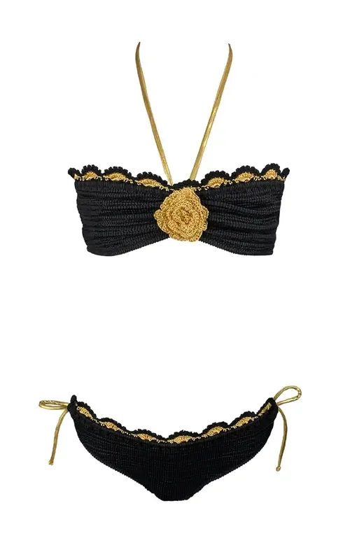 Bandeau Gold Lacework, Hand-Knitted Rose Detail Two Piece Bikini by NESSI BYRD