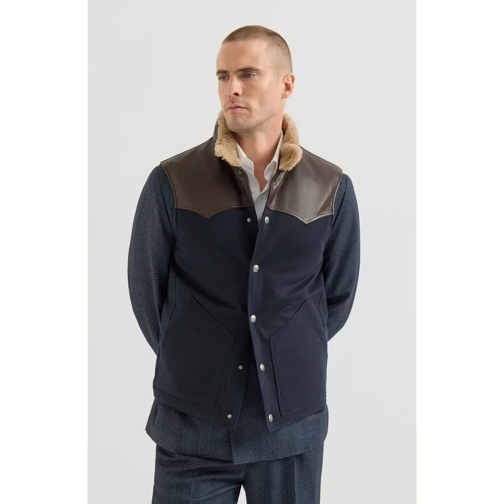 Bonded Wool Flannel Paneled Down Vest with Shearling Collar and Nappa Leather Inserts by Brunello Cucinelli