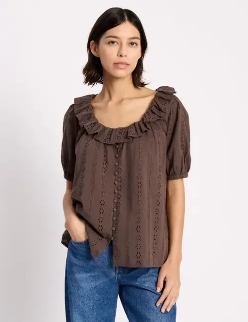Ruffle Neck Button-Front Blouse by Albaray