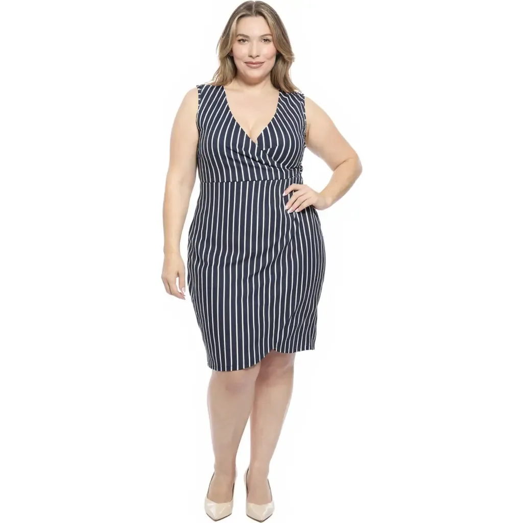 Striped V-Neck Sleeveless Faux Wrap Tulip Hem Midi Dress by 24seven Comfort Apparel