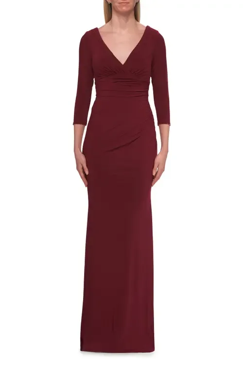 V-Neck Ruched Gown with Three-Quarter Sleeves by La Femme