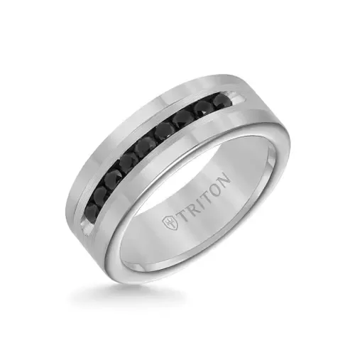8MM Ring with Channel Set Black Diamonds Silver Satin Finish and Round Edge by Triton