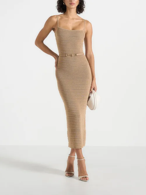 Danika Metallic Rib Knit Belted Midi Dress by Manière De Voir
