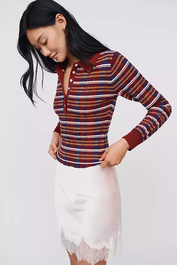 Sienna Plaid Ribbed Polo Top by 525