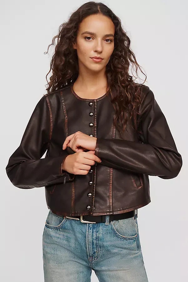 Cora Faux Leather Cropped Biker Jacket by Pilcro