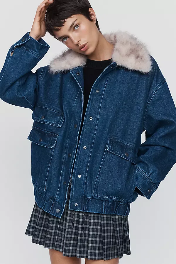 Denim Faux Fur Collar Barn Jacket by Maeve