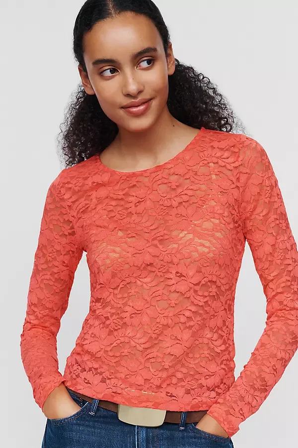 Long-Sleeve Lace Crew-Neck Top by Anthropologie