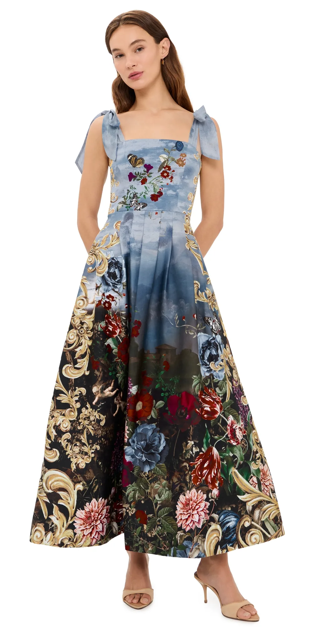 Hana Square Neck Tie Strap Midi Dress by Alice + Olivia