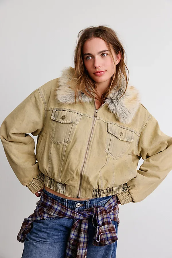 Evra Faux Fur Collar Denim Bomber Jacket by Azalea Wang