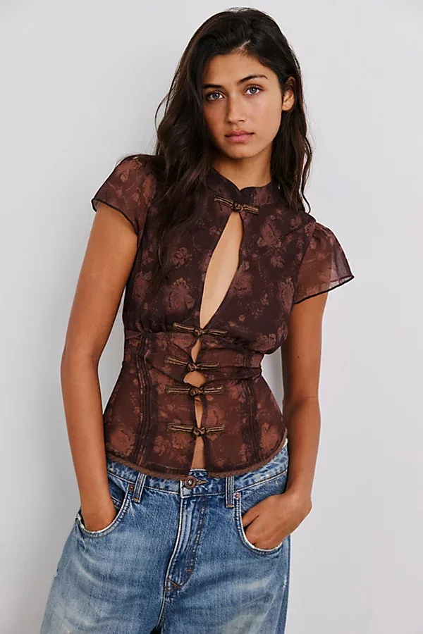 Kimchi Blue Ashley Keyhole Cutout Frog Button Short Sleeve Blouse by Kimchi Blue