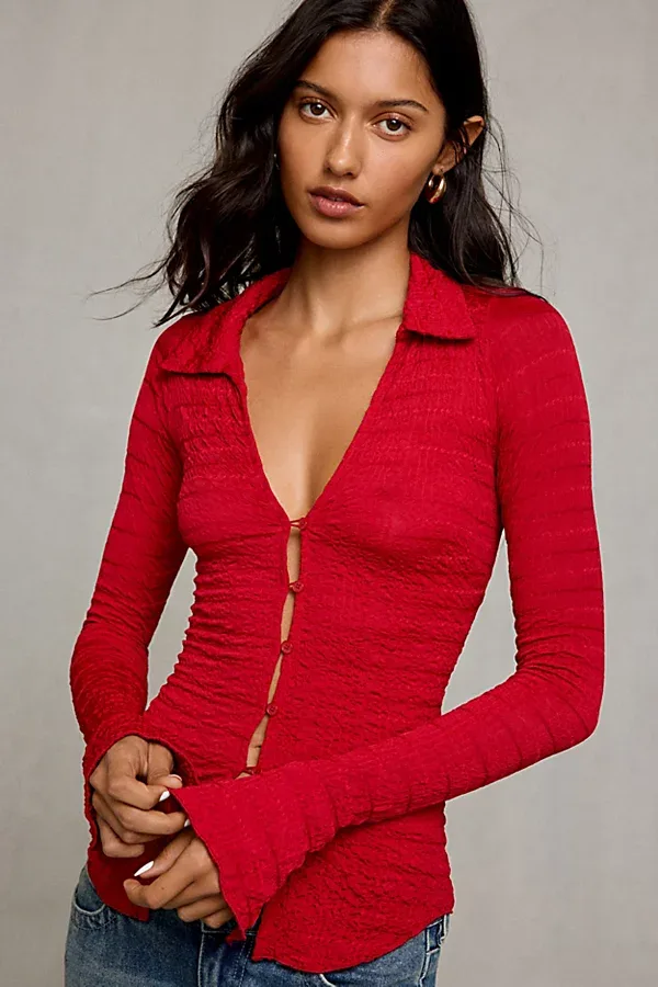 UO Abigail Button Down Stretch Slim Fit Shirt Top by Urban Outfitters