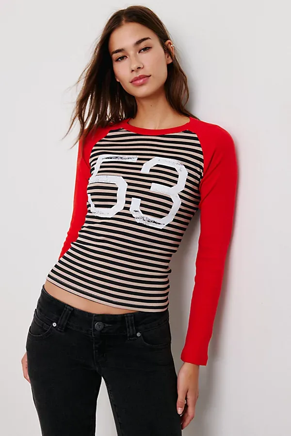 53 Graphic Striped Long Sleeve Raglan Tee by Urban Outfitters
