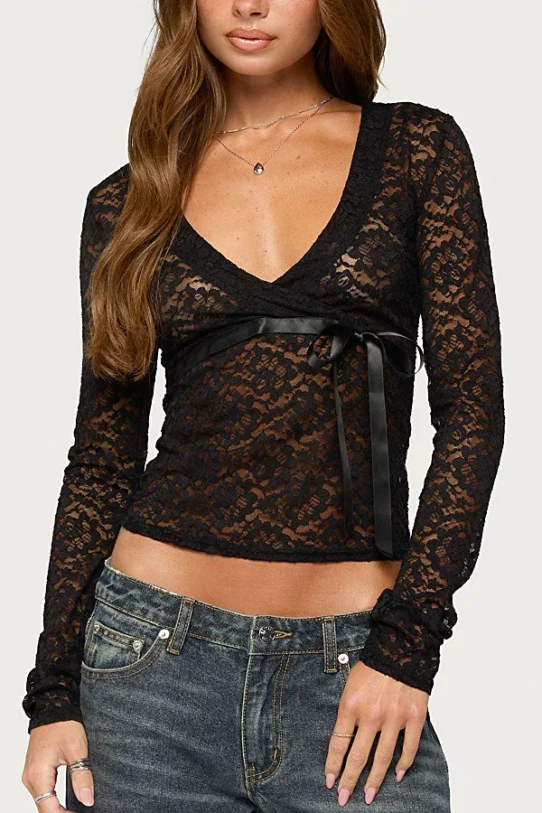 Zanda Sheer Lace Long Sleeve Top by Edikted