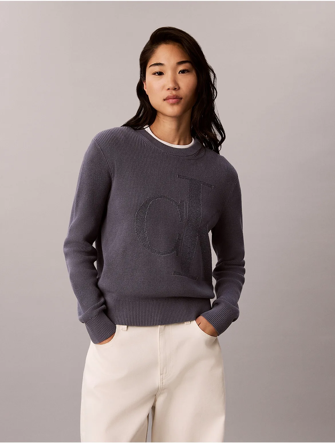 Smooth Cotton Lurex Monogram Logo Sweater by Calvin Klein