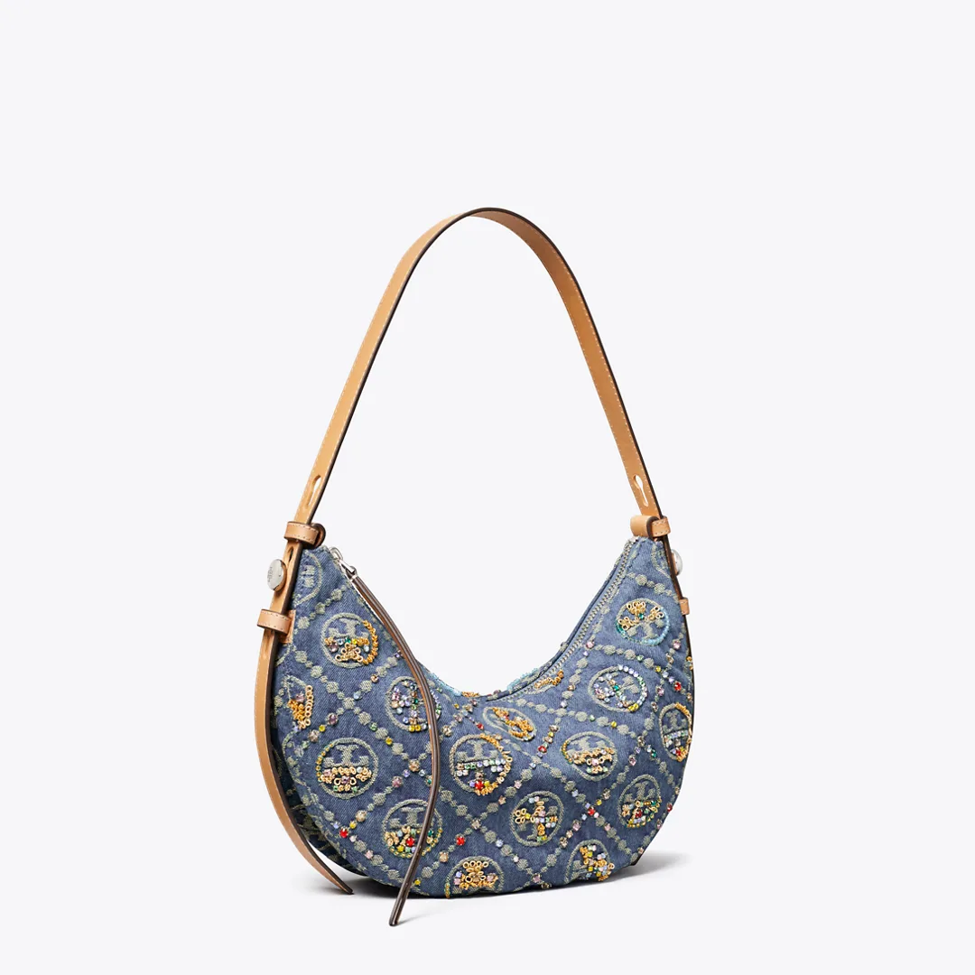 T Monogram Romy Denim Embellished Half Moon Bag by Tory Burch