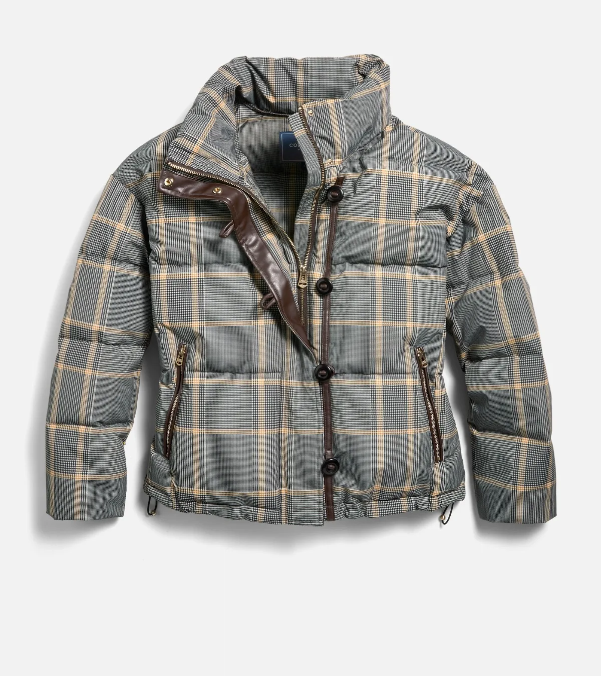Plaid Down Fill Cropped Puffer - Medium Yellow by COLE HAAN