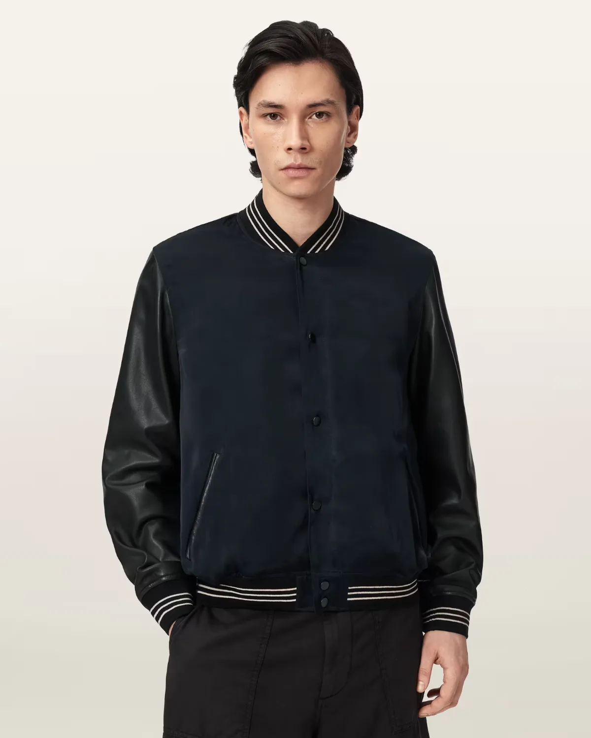 Taishi Leather Varsity Bomber Jacket by AllSaints